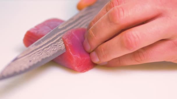 Slow Motion Closeup Anonymous Cook Slicing Fresh Tuna White Table — Stock Video