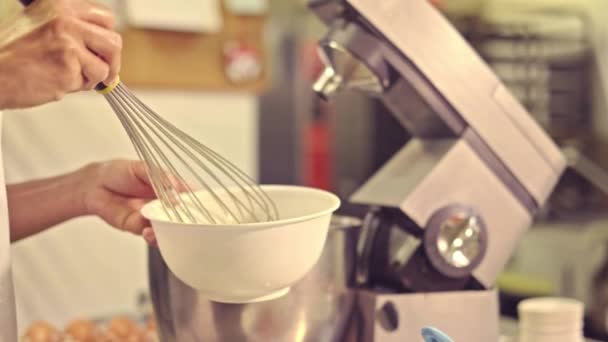 Cropped Side View Unrecognizable Professional Female Pastry Chef Whisk Mixing — Stock Video