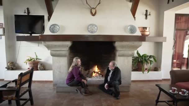 暖炉の近くに座って 田舎の家の居心地の良い部屋で一緒に休んでいる間に手を握っている愛する高齢者のカップルの側面図 — ストック動画