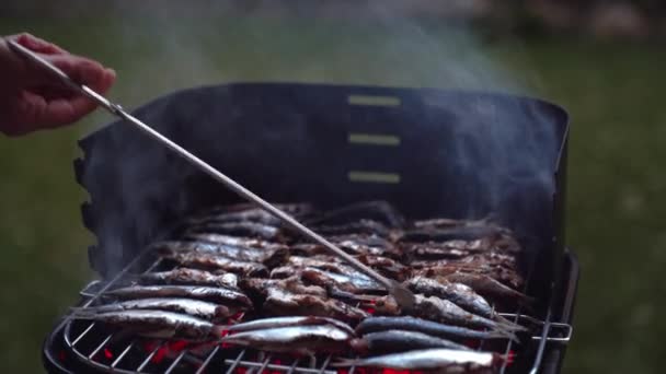 Arriba Persona Cortada Irreconocible Asando Sardinas Deliciosas Rejilla Metal Patio — Vídeos de Stock