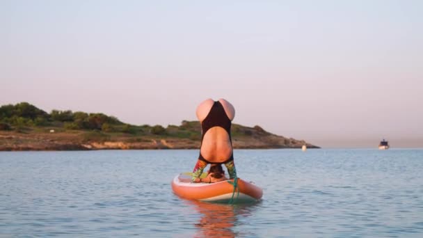 Surfista Femenina Practicando Yoga Salamba Sirsasana Mientras Está Pie Sobre — Vídeo de stock