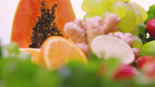 Closeup Zoom Out Assorted Multicolored Fresh Fruits Berries Vegetables Herbs — Stockvideo