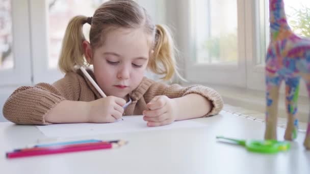 Schattig Kind Casual Outfit Tekening Terwijl Zitten Aan Tafel Lichte — Stockvideo