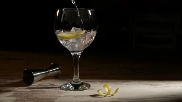Person Filling Transparent Glass Gin Tonic Lemon Jigger Table Dark — 비디오