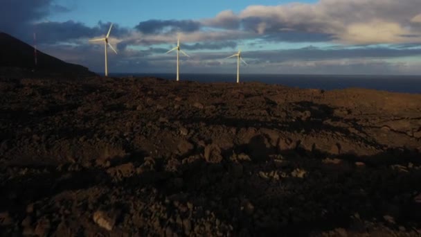 Drone View Contemporary Windmills Rotating Hill Background Seascape Sunset Palma — Stock Video