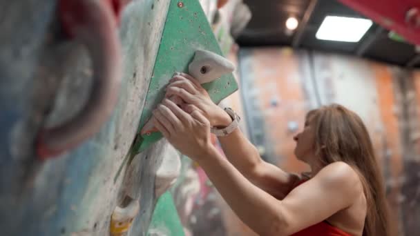 Boční Pohled Silné Ženy Sportovním Oblečení Lezení Dřevěné Pegboard Cvičení — Stock video