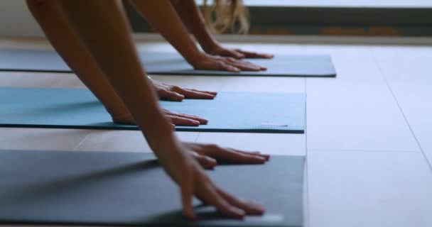 Mulheres Irreconhecíveis Cortadas Desgaste Ativo Fazendo Aula Ioga Estúdio Acolhedor — Vídeo de Stock