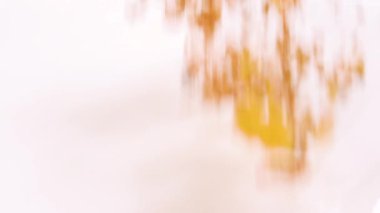 Slow motion of fresh crunchy cornflakes falling into bowl with cold milk making drop splashes