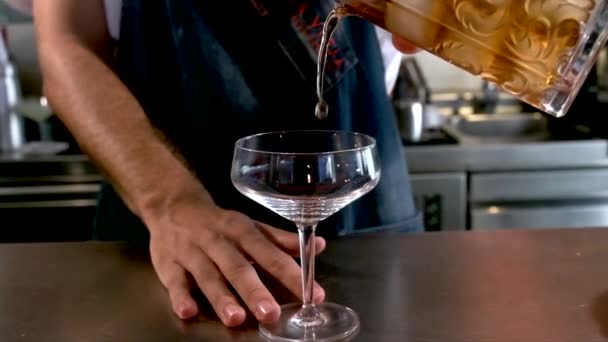 Onherkenbare Mannelijke Barman Die Alcohol Glazen Beker Giet Tijdens Het — Stockvideo
