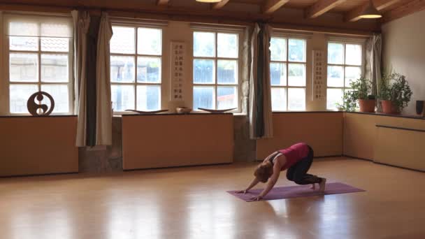 Kadın Yoga Pozları Verirken Shakti Yogası Yaparken Geniş Bir Stüdyoda — Stok video