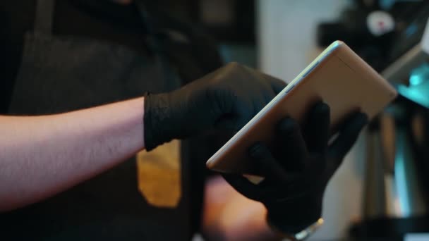 Waiter Holding Tablet Hand While Working Coffee Shop — Αρχείο Βίντεο