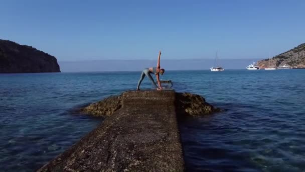 Pohled Štíhlou Fenku Sportovním Oblečení Při Cvičení Jógy Skalnatém Mořském — Stock video