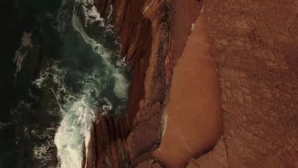 Breathtaking Aerial View Powerful Ocean Foamy Waves Crashing Rough Rocky — Stock videók