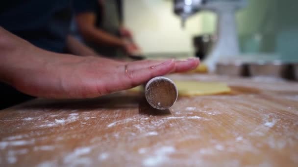Cropped Unrecognizable Person Apron Rolling Dough Rolling Pin Working Home — Stock Video