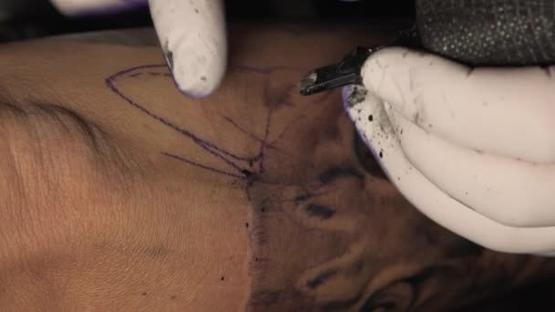 Closeup Mestre Tatuagem Cultura Irreconhecível Aplicando Creme Mão Cliente Após — Vídeo de Stock