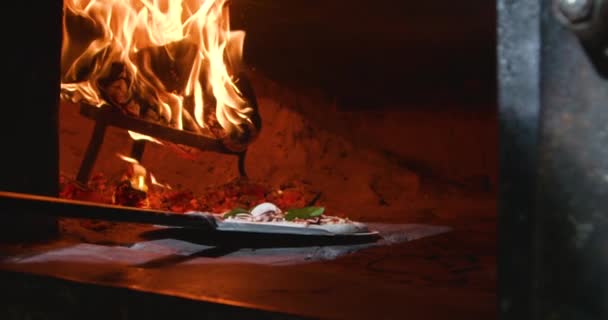 Långsam Rörelse Skott Pizza Spade Som Placeras Traditionell Öppen Ugn — Stockvideo
