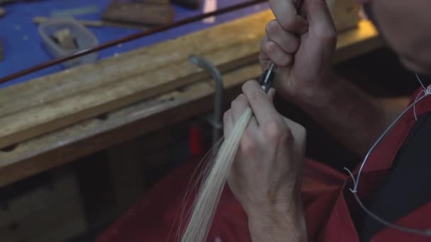 Crop Skilled Artisan Luthier Using Chisel While Making Violin Bow — Stock video