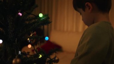 Akşamları Noel ağacı süsleyen çocuk