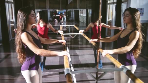 Jonge Dansers Trainen Samen Studio Opwarmen Flexen Zonlicht — Stockvideo
