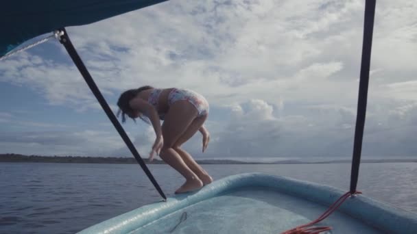 Girl Jumping Boat Sea — Stock Video