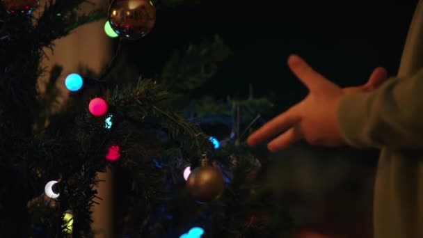 Fiú Díszítő Karácsonyfa Este — Stock videók