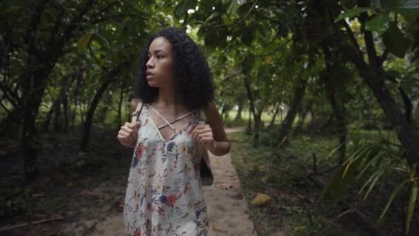 Jovencita Vestida Pasarela Entre Bosque Tropical — Vídeo de stock