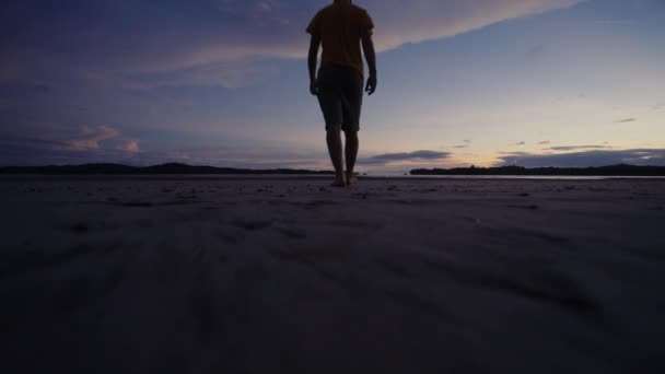 バックビュー若い男は砂の海岸に行くと パナマのボッカス トロ島で日の出に雲と美しい青空 — ストック動画