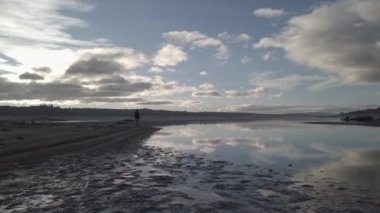 Akşam vakti bulutlu gökyüzüne karşı sakin bataklığın kıyısında duran isimsiz bir insanın siluetine yakınlaşan kamera.