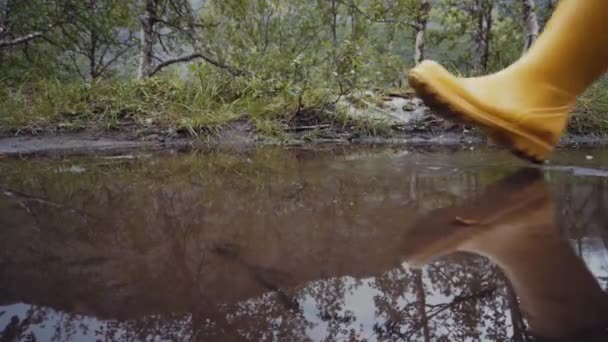 黄色のガンブーツで作物の人は水たまりの中を歩く — ストック動画
