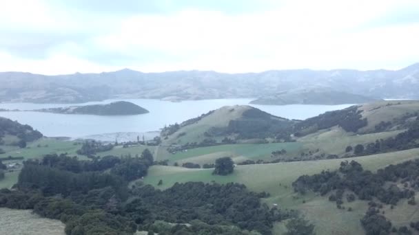 Luftaufnahme Einer Wunderschönen Landschaft Mit Bergen Und Bäumen Neuseeland — Stockvideo