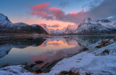 Norveç 'in Lofoten adalarındaki bir fiyordun sakin sularını yansıtan karlı dağları ve evleri aydınlatan güzel pembe günbatımı. Denizli kış manzarası, bulutlu pembe gökyüzü, rorbu, kardaki kayalar.