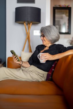 Gülümseyen olgun bir kadın akıllı telefonuyla çay içerken oturma odasındaki koltukta rahatça oturuyor.