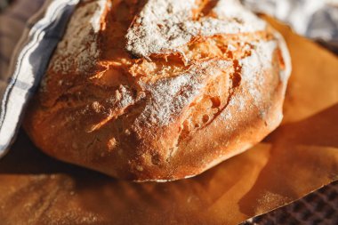 Yeni pişmiş, altın hamurlu ve hafifçe un tozuyla kaplanmış bir rustik ekmeğin yakın çekimi. Sıcak, davetkar dokusu ev yapımı ekmeğin zanaatkar kalitesini vurguluyor..