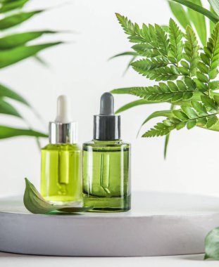 Yeşil serum ya da beyaz arka planda tropikal yapraklarla podyumda gerekli yağ şişeleri. Doğal güzellik ürünleri ile sağlıklı modern cilt bakımı. Ön görünüm.