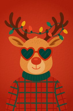 Kırmızı Burunlu Sevimli Ren Geyiği ve Kalp Gözlüklü Noel Vektörü Resimleri Neşeli Süveter ve Boynuzlar Üzerine Çelenk, Parlak Tatil Hayvanı Portresi