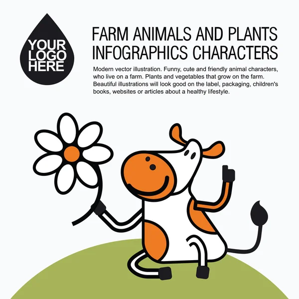 Iconos de diseño plano con animales de granja - vaca — Vector de stock
