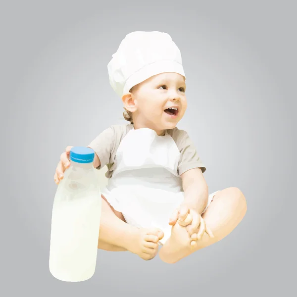 Happy baby chef and milk bottle vector isolated — Stock Vector