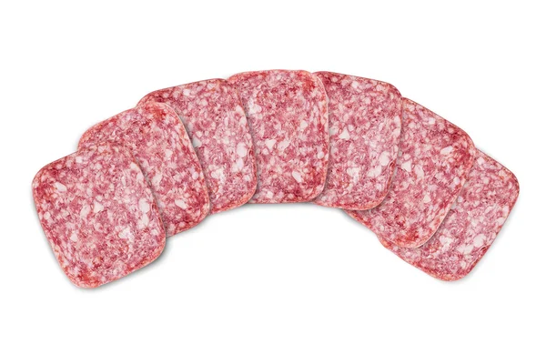 Vierkante segmenten van salami geïsoleerd op wit — Stockfoto