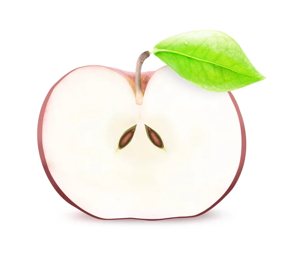 Pomme rouge fraîche tranchée avec feuille sur blanc — Photo