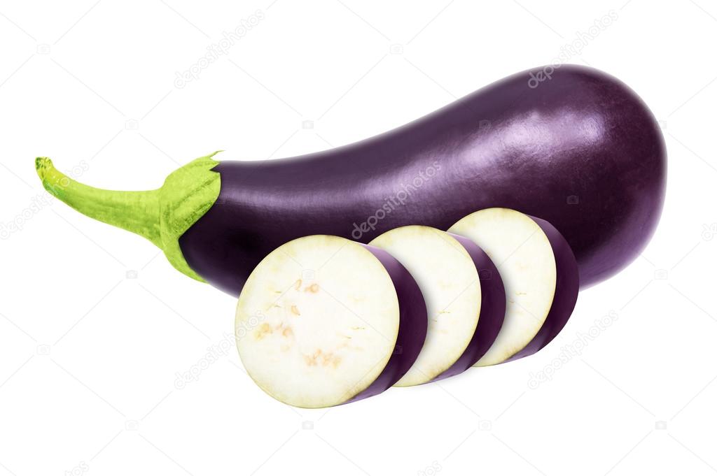 Eggplant and slises over white background