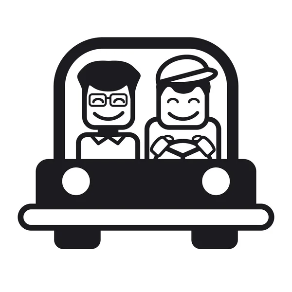 Young man with a friend driving a car. Vector illustration.