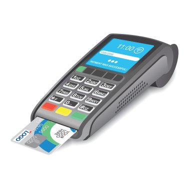 POS terminal beyaz arka plan üzerinde kredi kartıyla