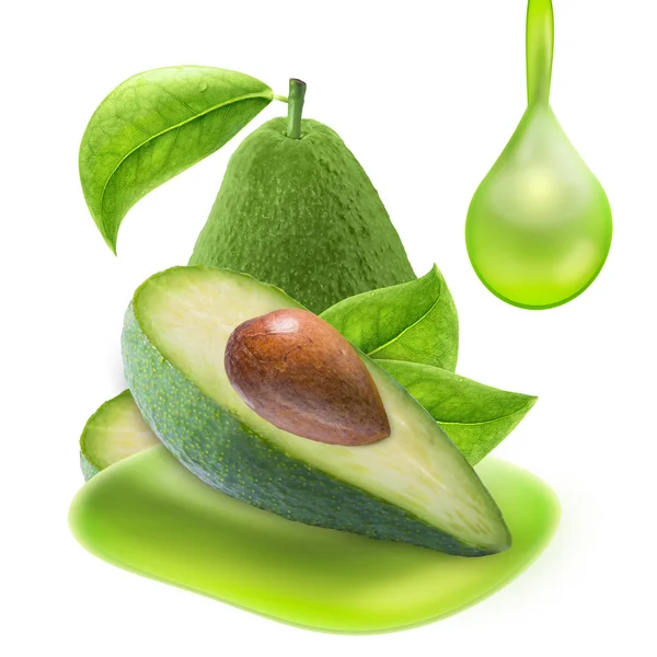 Fette di avocado e olio goccia isolato con percorso di ritaglio — Foto Stock