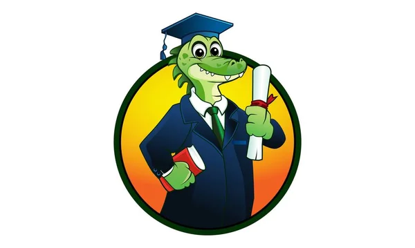 Mascotte Alligator Graduation Logo Cartoon Emblème Rond — Image vectorielle