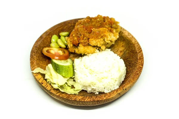 Top View Ayam Goreng Penyet Sambal Smažené Kuře Pikantní Chilli — Stock fotografie