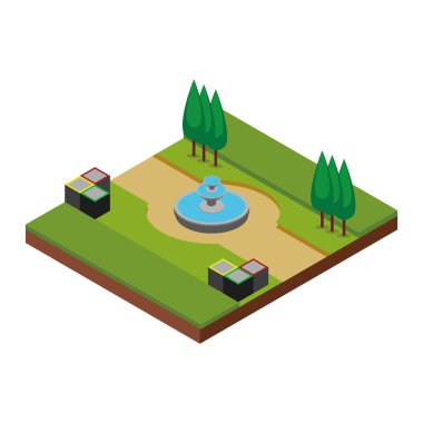  Çeşmeleri ve Ağaçları Isometric Manzaralı Çevre Yeşil Parkı
