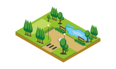 Ağaçlar ve Su Havuzu Isometric 3D Vektör İllüstrasyonlu Yeşil Manzara
