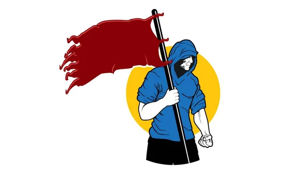 Ilustracja Dorosłego Mężczyzny Kapturze Czerwoną Flagą — Wektor stockowy