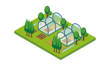 Yuvarlak Çerçeve Cam Çiftlik Peyzajı Isometric Vektör / Yuvarlak Çerçeve Cam Sera Çiftliği Manzarası Isometric Vector