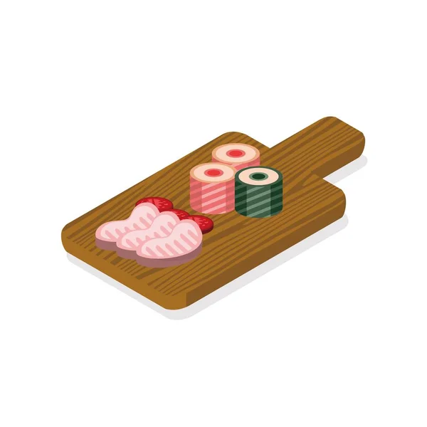 Sushi Roll Wooden Cutting Board Sometric Icon Isolated White Sushi — Stock Vector